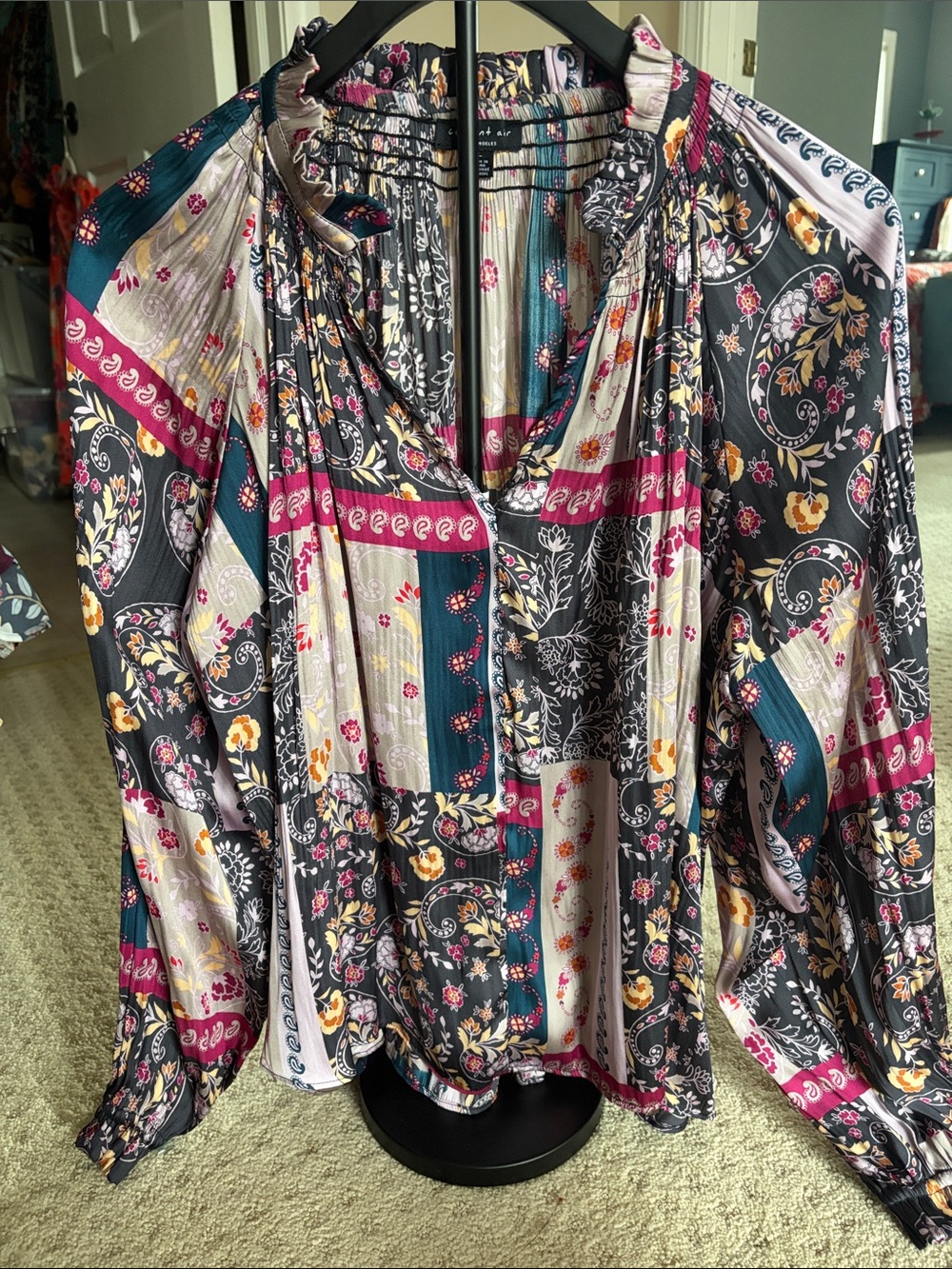 Current Air Multicolor Patchwork Floral Blouse - Teal, Pink, Black
